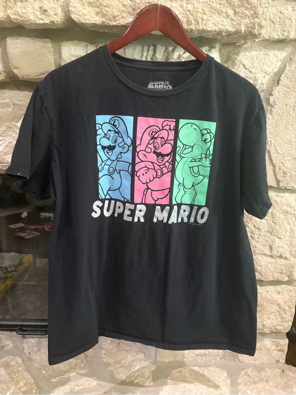 Nintendo Black Super Mario Tee with Blue Pink and Green Panels